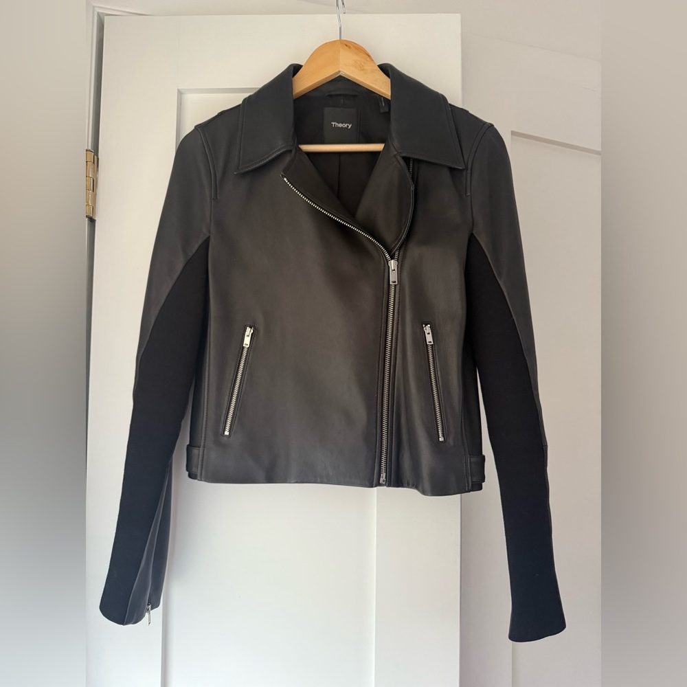 Theory Black Leather Moto Jacket with Silver Zippers
